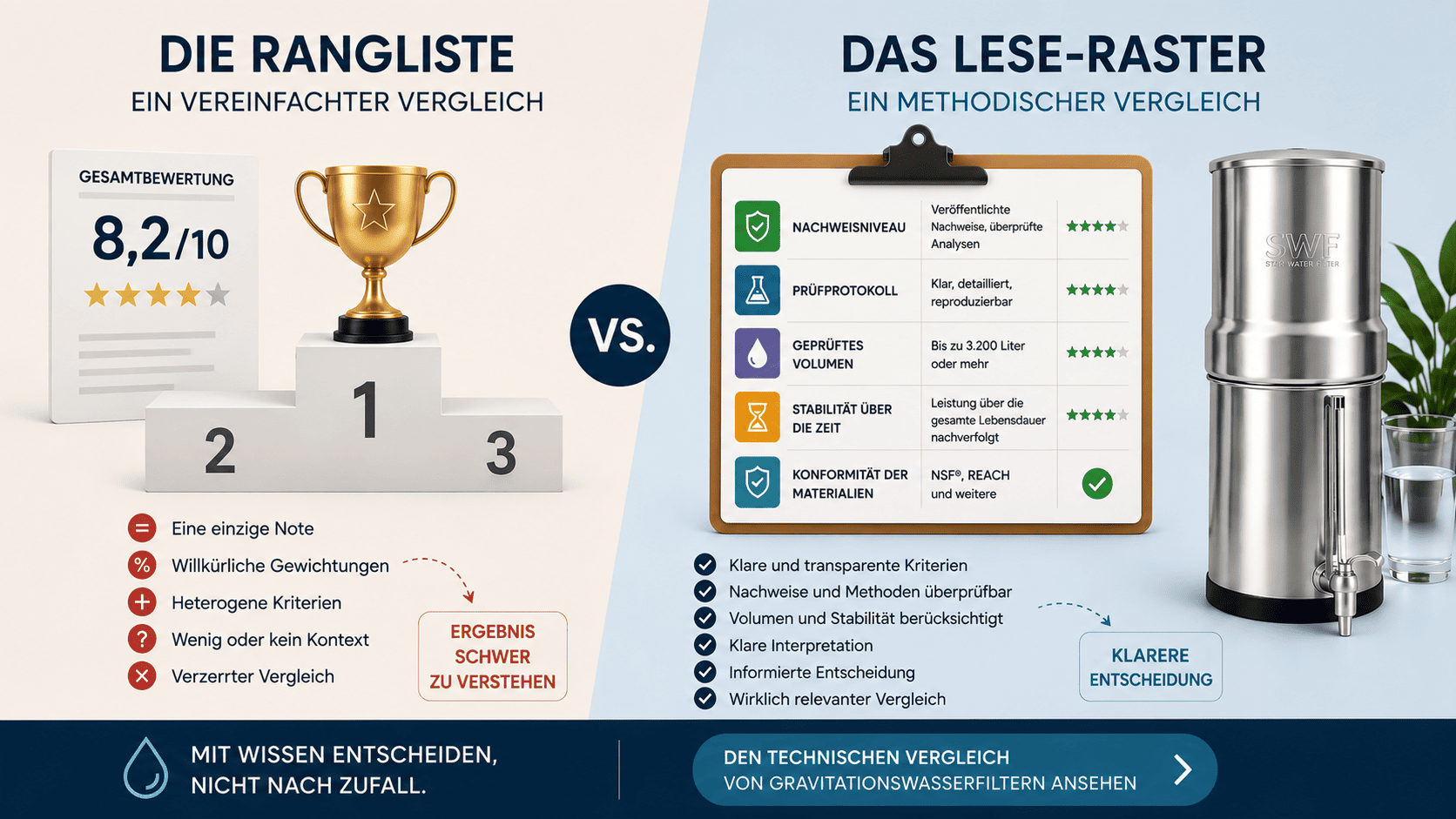 Vergleich von Wasserfiltern: Unterschied zwischen einer Rangliste mit Gesamtbewertung und einem nachweisbasierten Leseraster