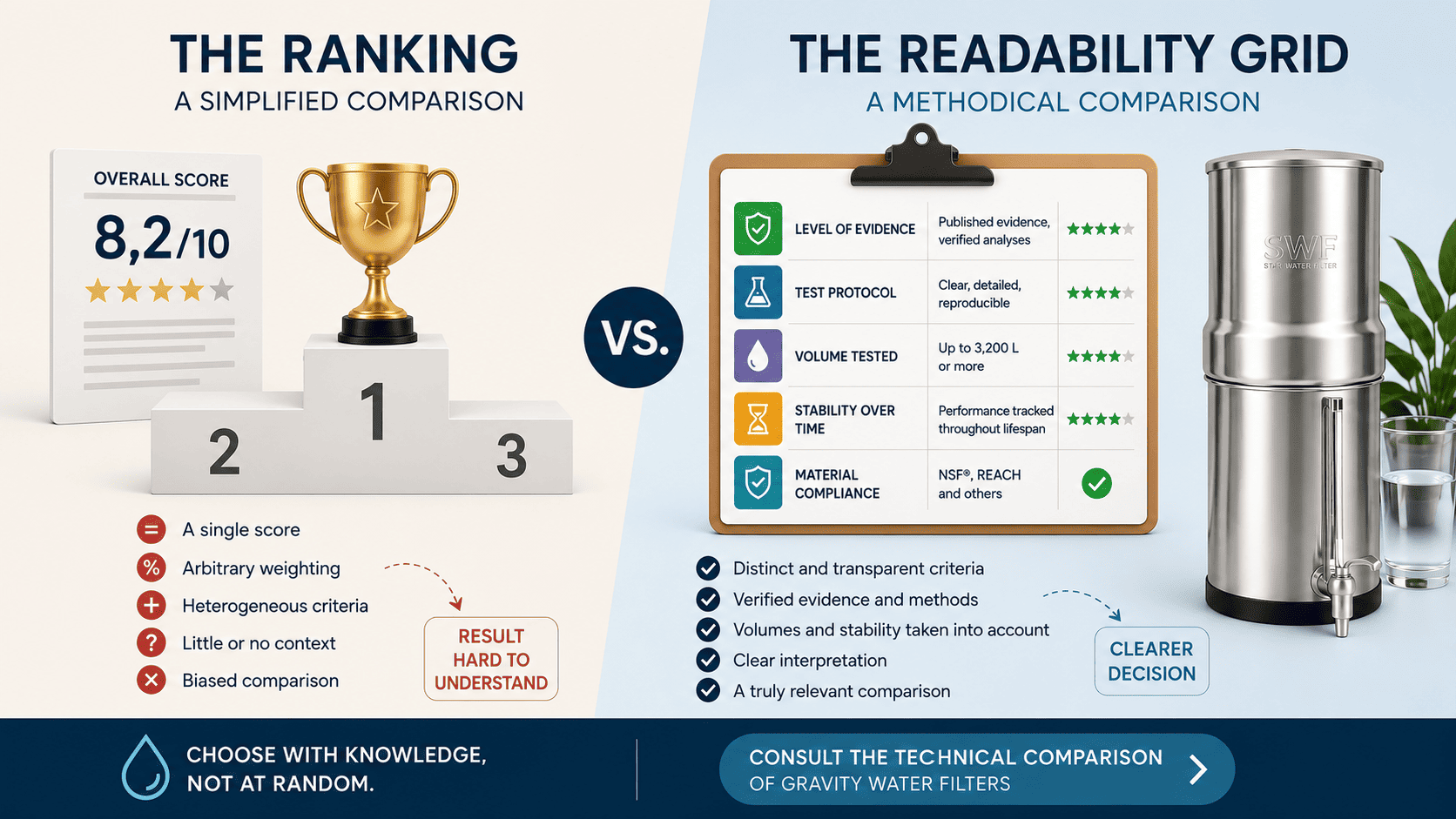 Water filter comparison: the difference between a score-based ranking and an evidence-based reading grid