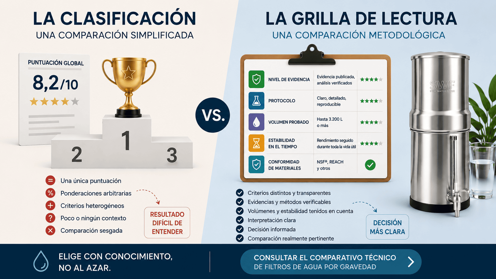 Comparativa de filtros de agua: diferencia entre una clasificación por puntuación y una grilla de lectura basada en pruebas