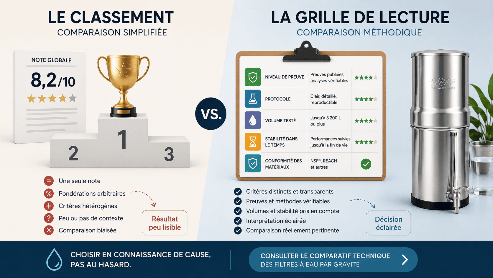 Comparatif de filtres à eau : différence entre classement par note et grille de lecture fondée sur les preuves