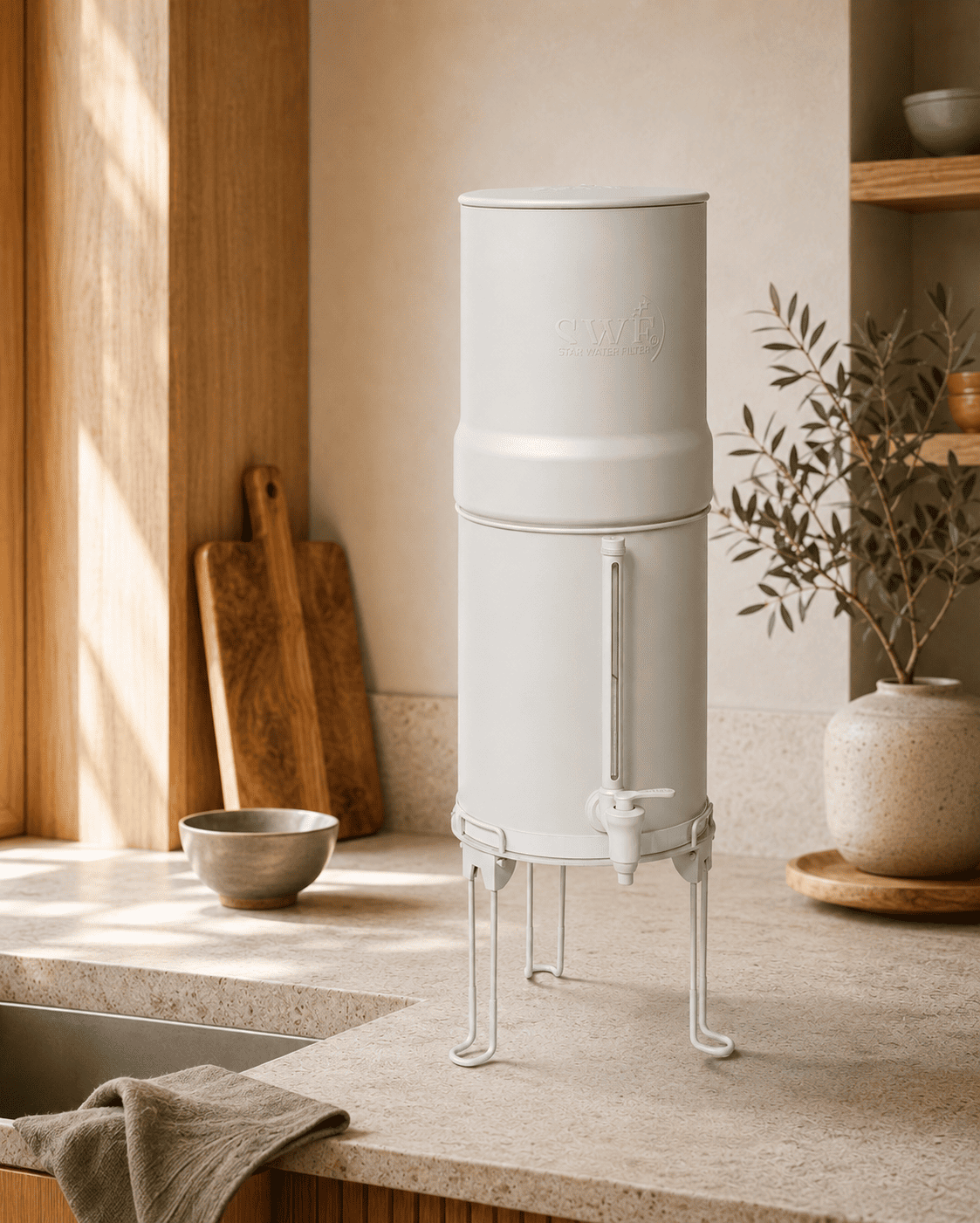 Matt cremefarbener Big Star&reg; Schwerkraft-Wasserfilter auf seinem Standfu&szlig; in einer modernen K&uuml;che