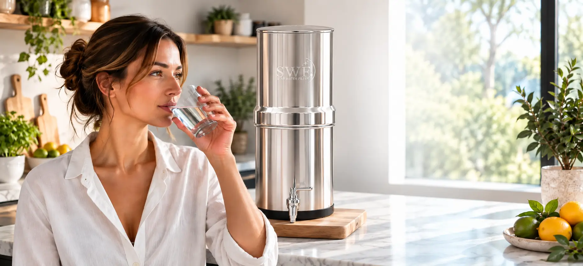 Femme buvant un verre d’eau à côté d’un système Star Water Filter® en inox dans une cuisine lumineuse