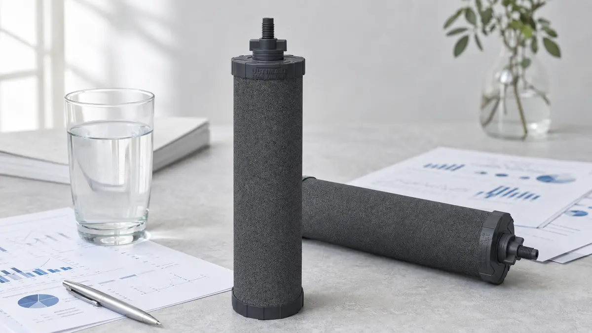 Ultimate Star Filter® Filter mit einem Glas Wasser und Analyseunterlagen
