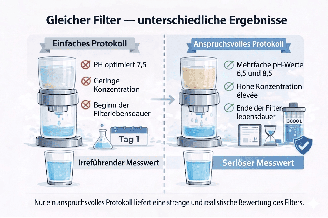Vergleich zweier Prüfprotokolle für Wasserfilter mit unterschiedlichen Ergebnissen je nach Testbedingungen: einfaches Protokoll versus anspruchsvolles Protokoll mit Unterschieden bei pH-Wert, Konzentration und Nutzungsdauer