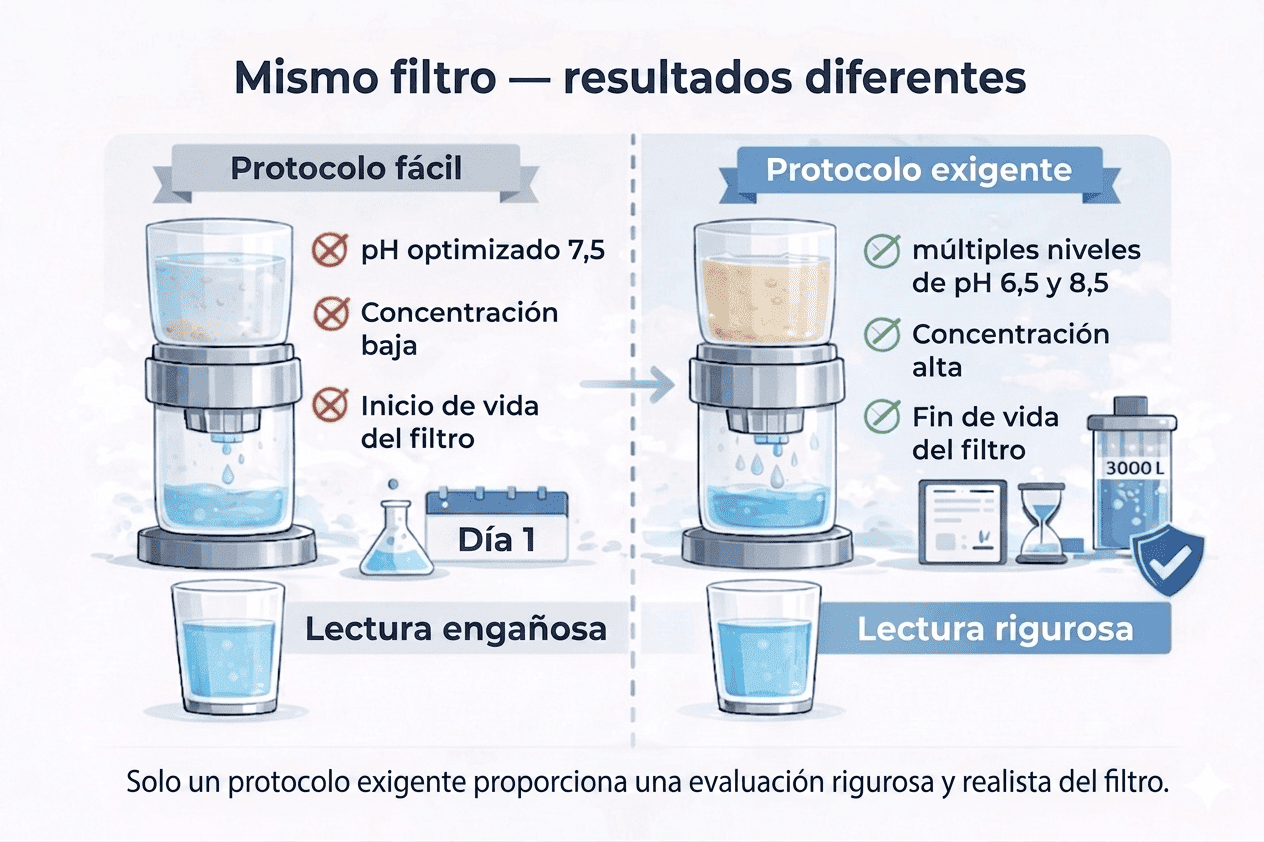 Comparación de dos protocolos de prueba de filtros de agua que muestran resultados diferentes según las condiciones de ensayo: protocolo sencillo frente a protocolo exigente con variaciones de pH, concentración y duración de uso