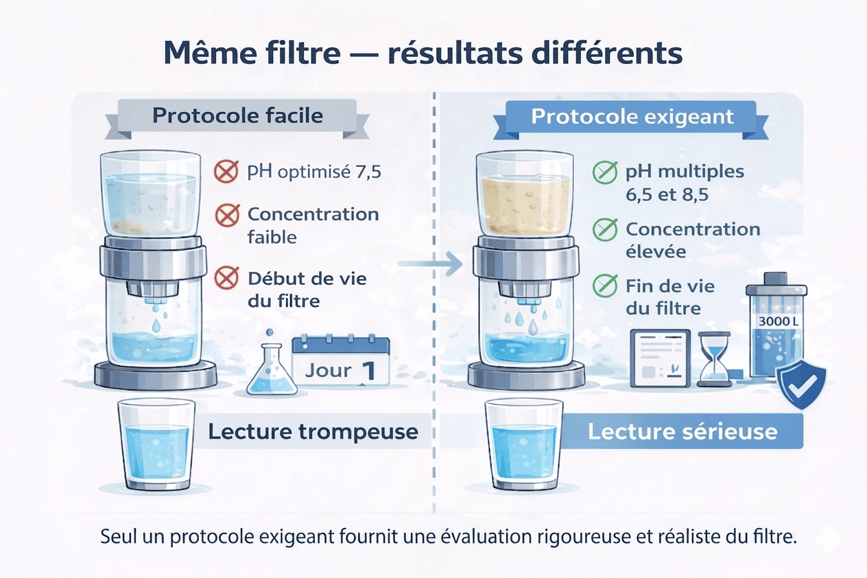 Comparatif de deux protocoles de test de filtre à eau montrant des résultats différents selon les conditions de test : protocole facile vs protocole exigeant avec variations de pH, concentration et durée d’utilisation