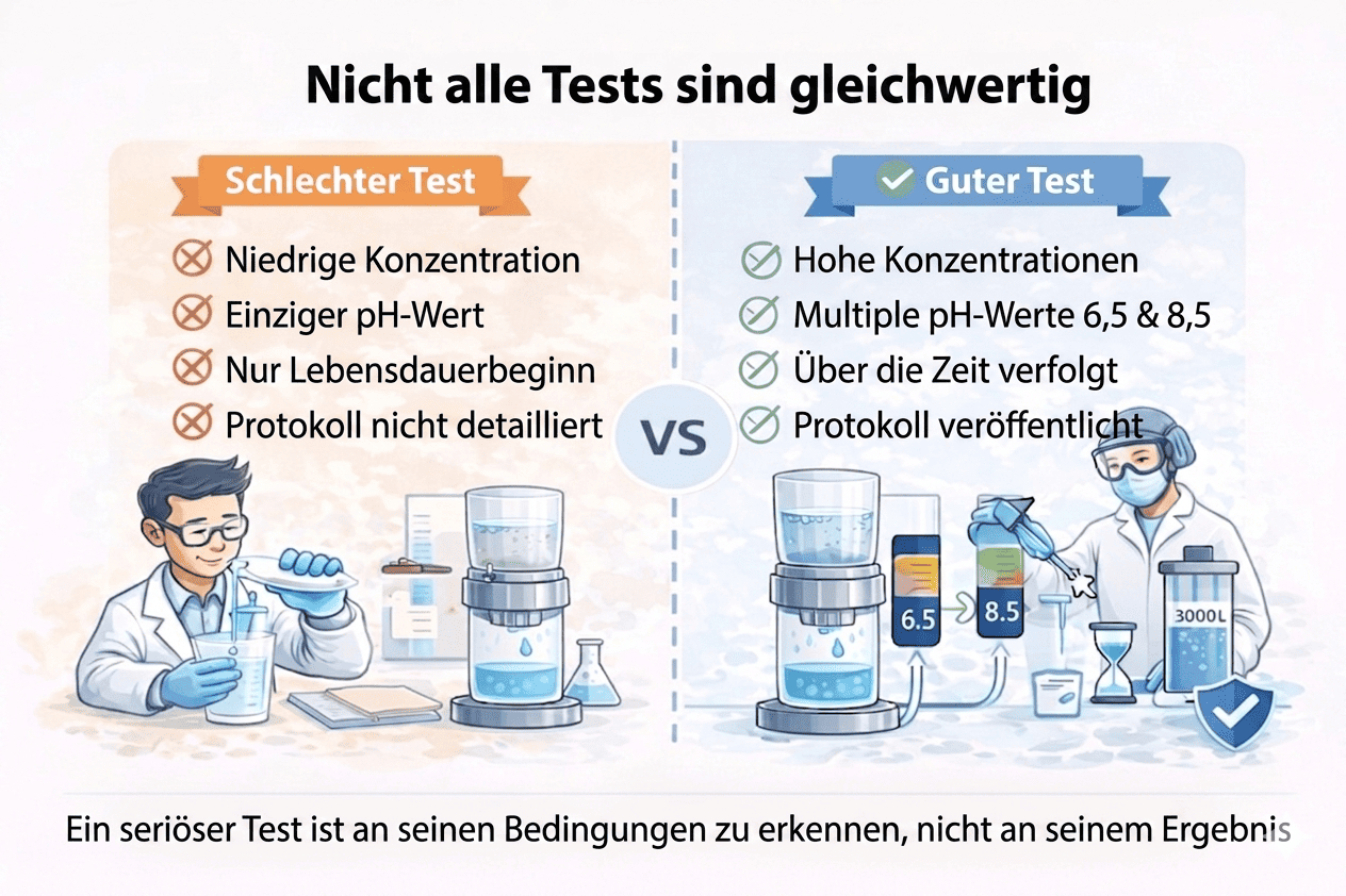 Vergleich zwischen einem wenig aussagekräftigen Test und einem strengen Prüfprotokoll für einen Wasserfilter, mit Fokus auf Konzentration, mehrere pH-Werte (6,5 und 8,5), Langzeitbeobachtung und veröffentlichtes Protokoll