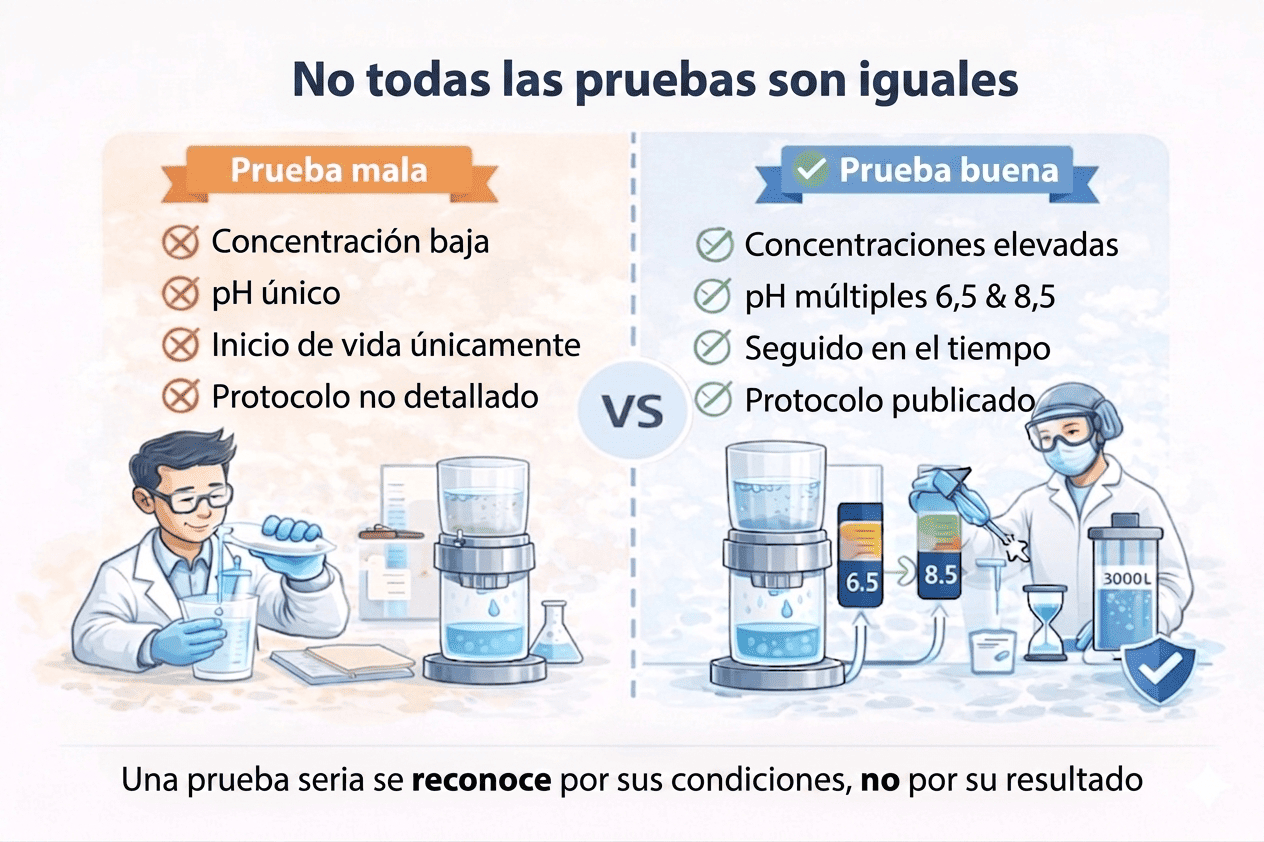 Comparación entre una prueba poco exigente y una prueba rigurosa para un filtro de agua, destacando la importancia de la concentración, múltiples niveles de pH (6,5 y 8,5), seguimiento en el tiempo y un protocolo publicado