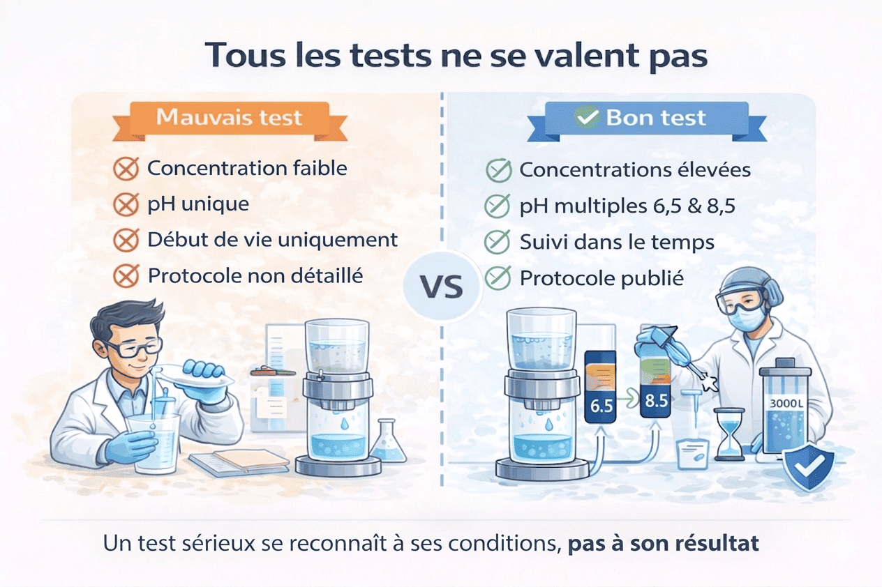 Comparatif entre un mauvais test et un test rigoureux pour un filtre à eau, montrant l’importance de la concentration, du pH multiple (6,5 et 8,5), du suivi dans le temps et d’un protocole publié