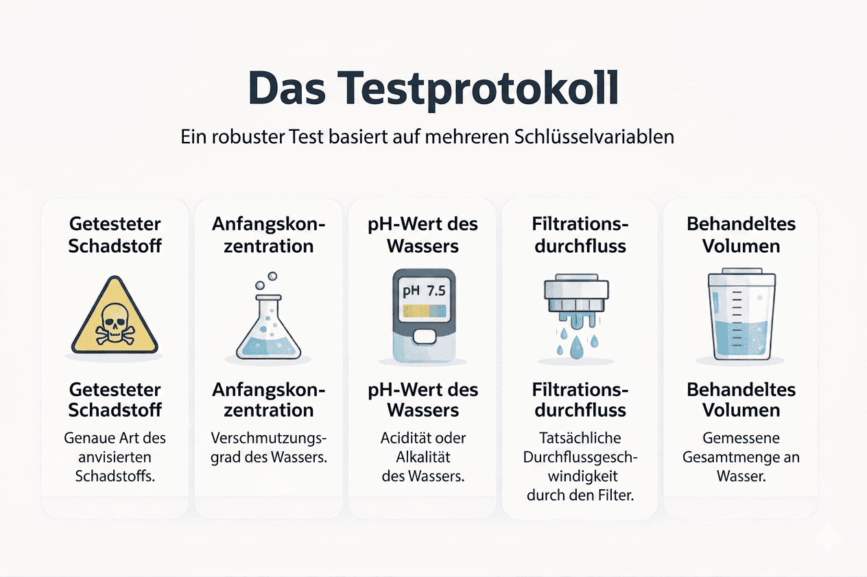 Schaubild zum Prüfprotokoll eines Wasserfilters: Schadstoff, Konzentration, pH-Wert, Durchflussrate und behandeltes Volumen