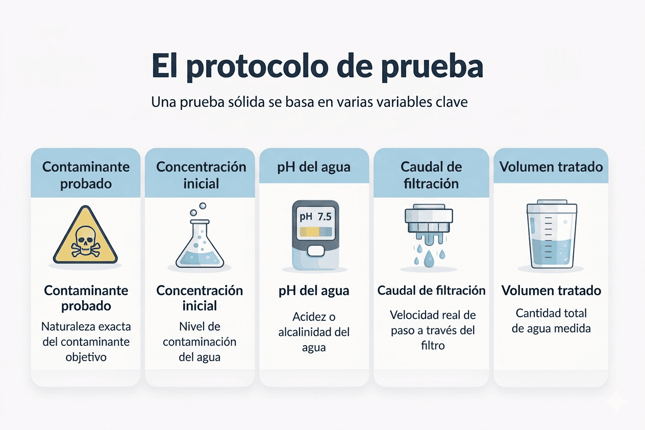 Esquema explicativo del protocolo de prueba de un filtro de agua: contaminante, concentración, pH, caudal y volumen tratado