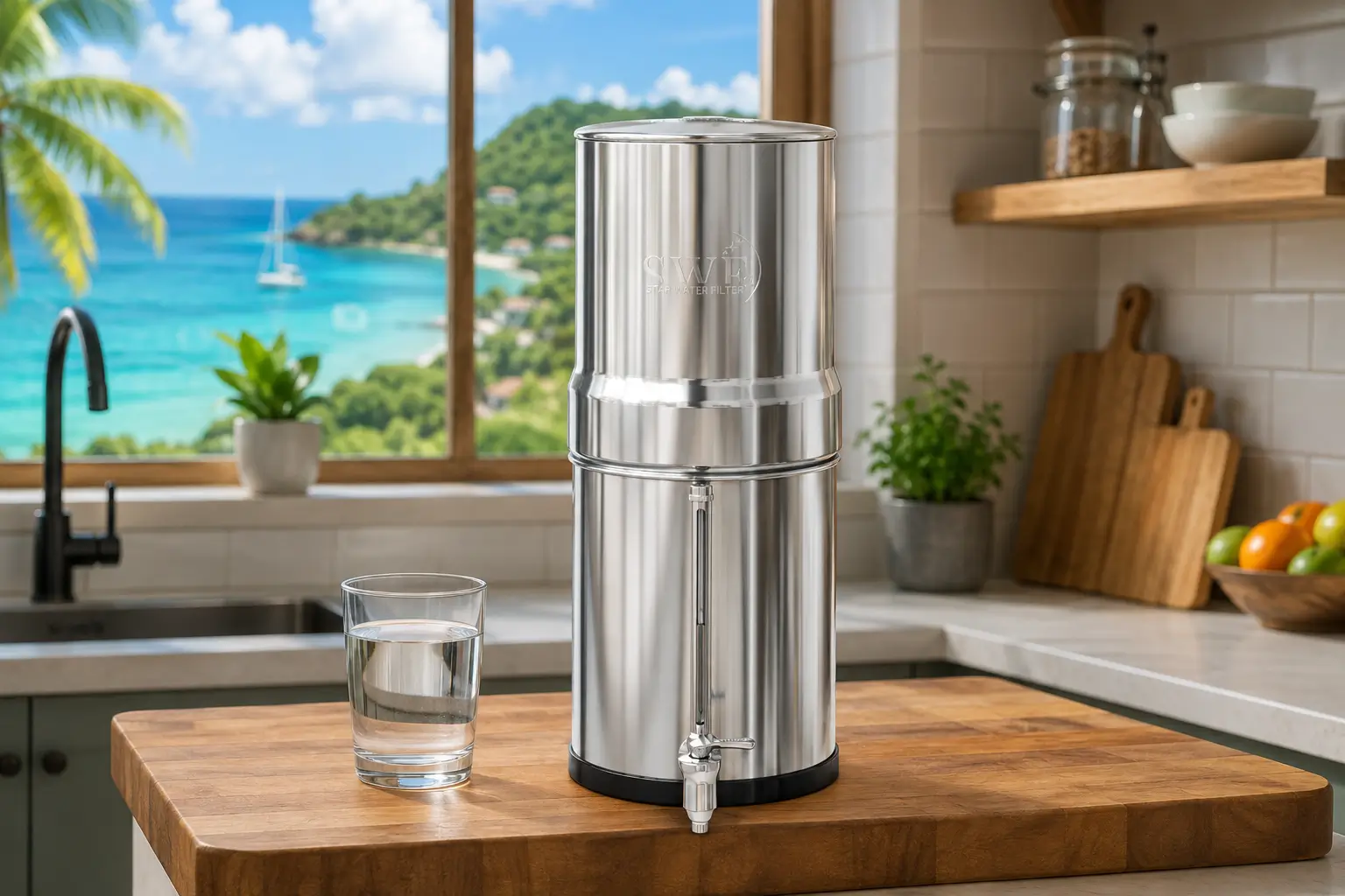 Filtre à eau par gravité Star Water Filter dans une cuisine à Saint-Martin