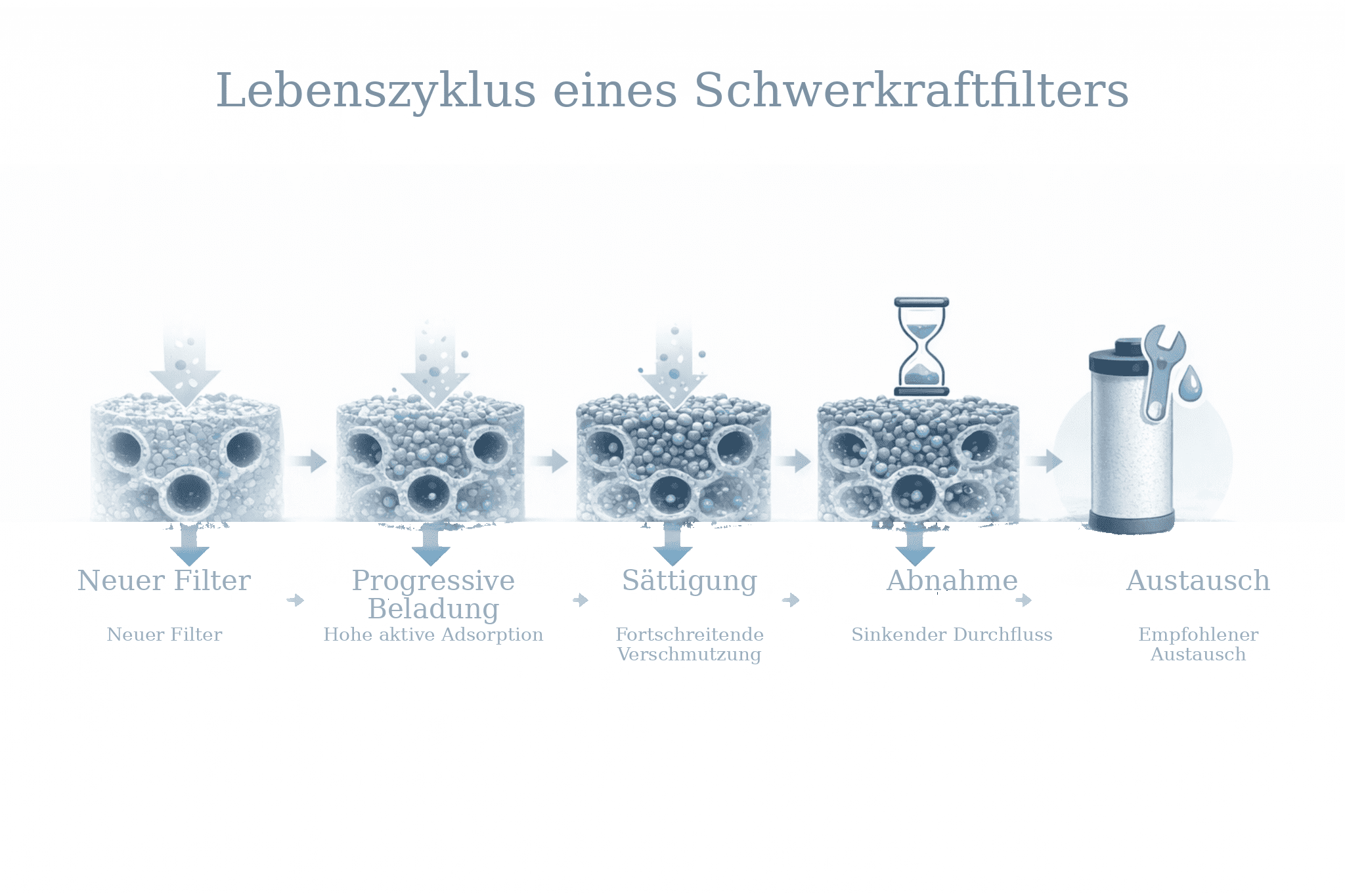 Lebenszyklus eines Schwerkraftfilters mit fortschreitender Sättigung und sinkender Durchflussrate