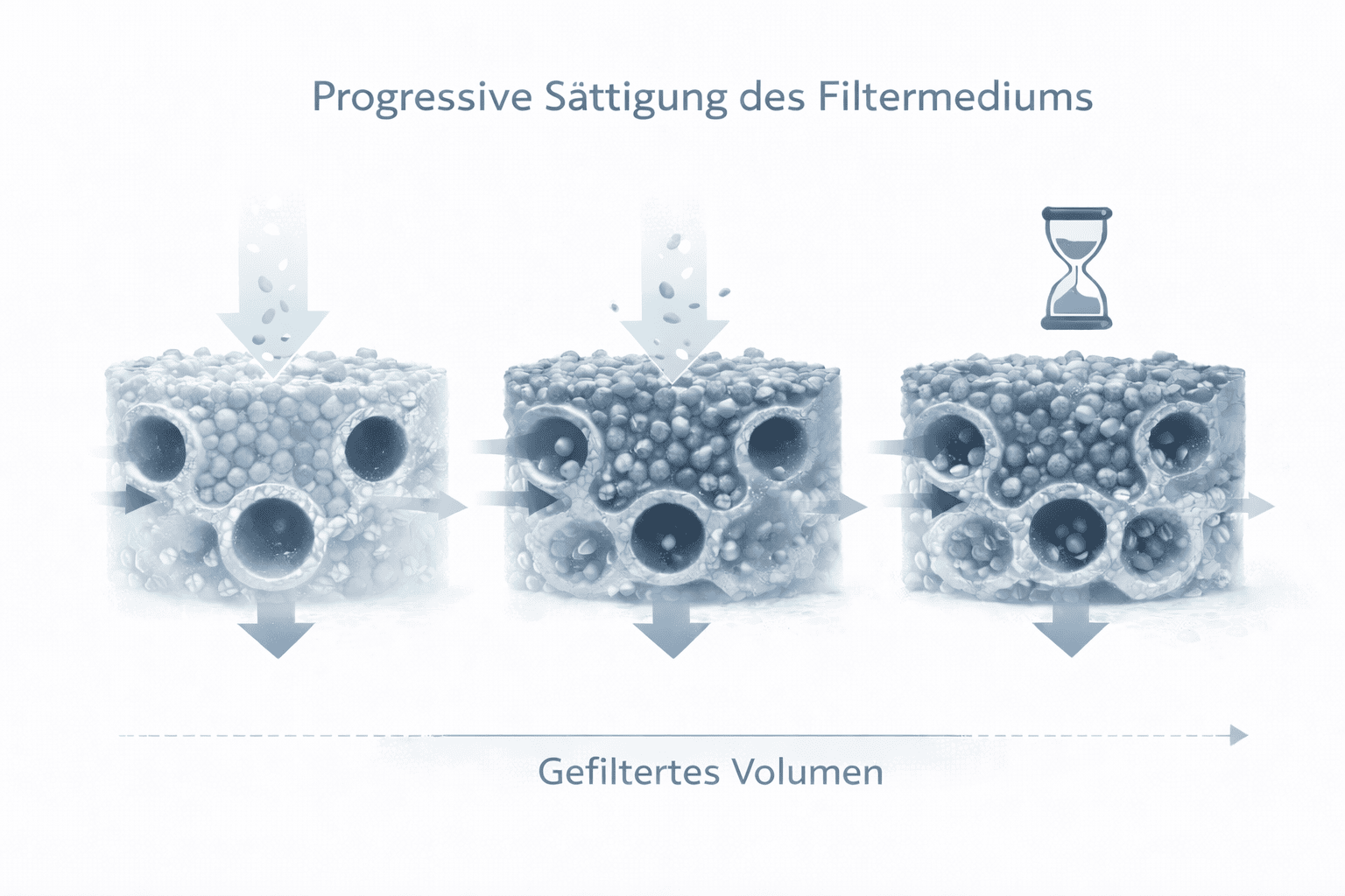 Darstellung der fortschreitenden Sättigung eines Filtermediums mit Anreicherung von Verunreinigungen und sinkender Kapazität